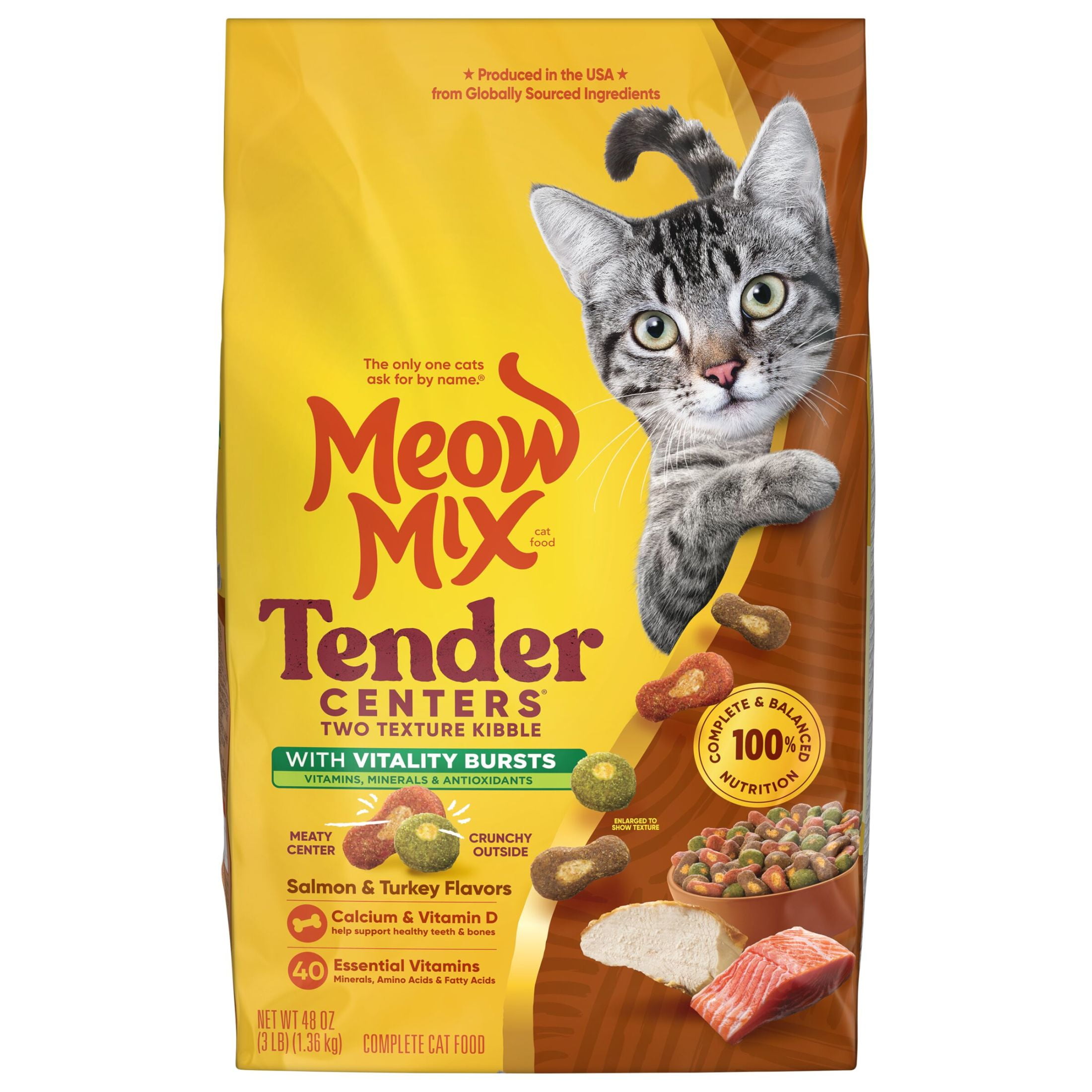 Meow Mix Tender Centers Dry Cat Food With Vitality Bursts Salmon & Turkey Flavors, 3 lb Bag