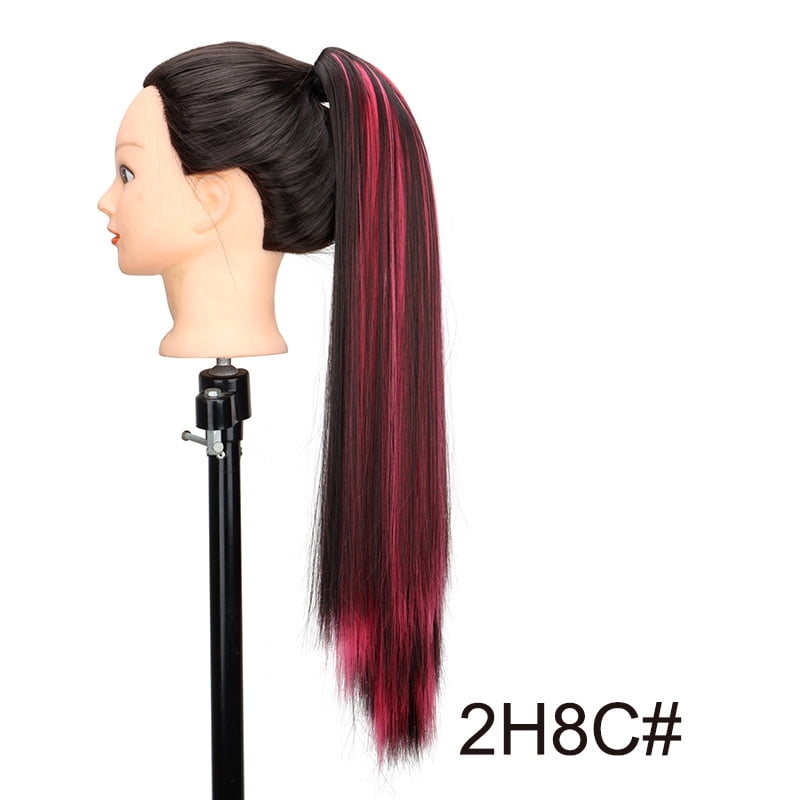 24Inch Synthetic Women's Claw Clip Ponytail Extension Highlighted Red Purple Straight Hair Heat Resistant for Daily Women