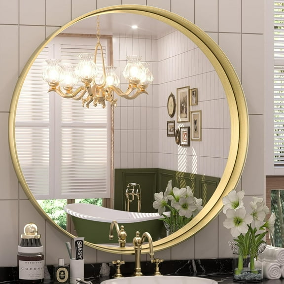 Mirrasia 30"x30" Round Bathroom Mirror Deep Frame Wall Mounted,Gold