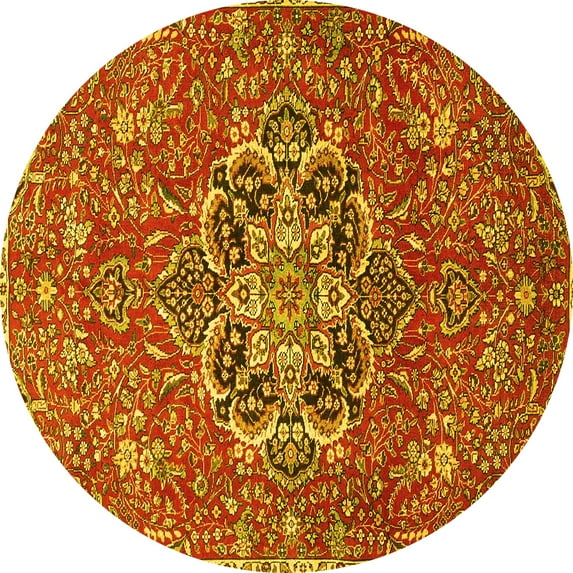 Ahgly Company Machine Washable Indoor Round Medallion Yellow Traditional Area Rugs, 5' Round