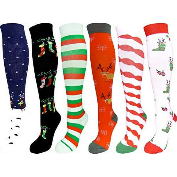 6 Pair Graduated Compression Socks for Men and Women (Christmas Set #2, Large/X-Large)
