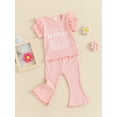 thumbnail image 3 of Bslissey Toddler Little Girls Cute Long Pants Sets Short Sleeve Letter Print Tops with Elastic Waist Flare Pants 2Pcs 12M 18M 24M 3T 4T 5T Kids Casual Summer Outfits, 3 of 9