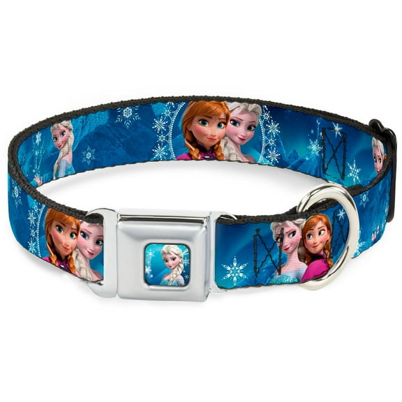 Disney Pet Collar, Dog Collar Metal Seatbelt Buckle, Anna Elsa Poses Castle Mountains Blues, 9.5 to 13 Inches 1.0 Inch Wide