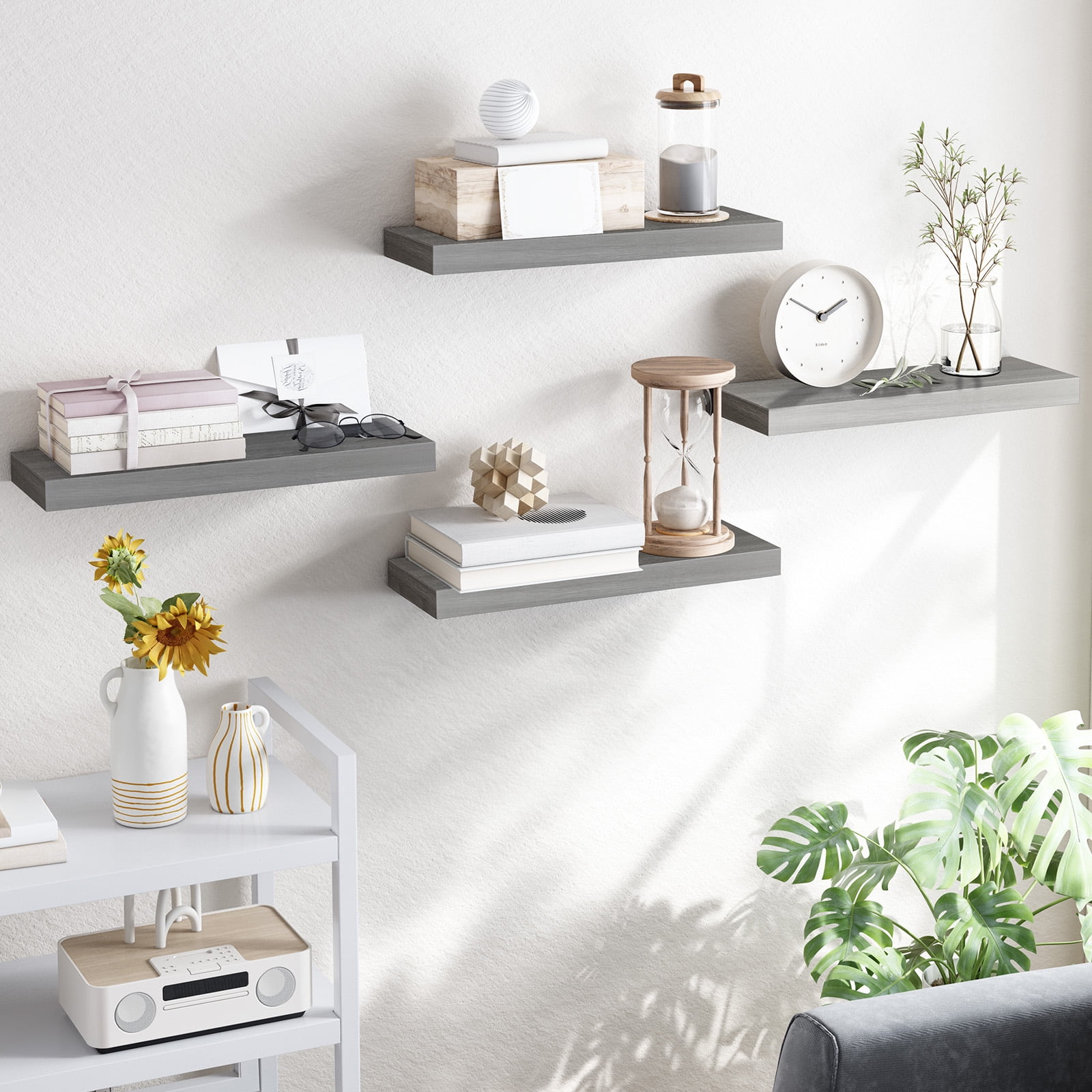 Fairy 15.8in Floating Shelves, Wall Shelves Set of 4, Shelves for Wall Decor, with Invisible Brackets, 15.8x1.2x5.5, Gray