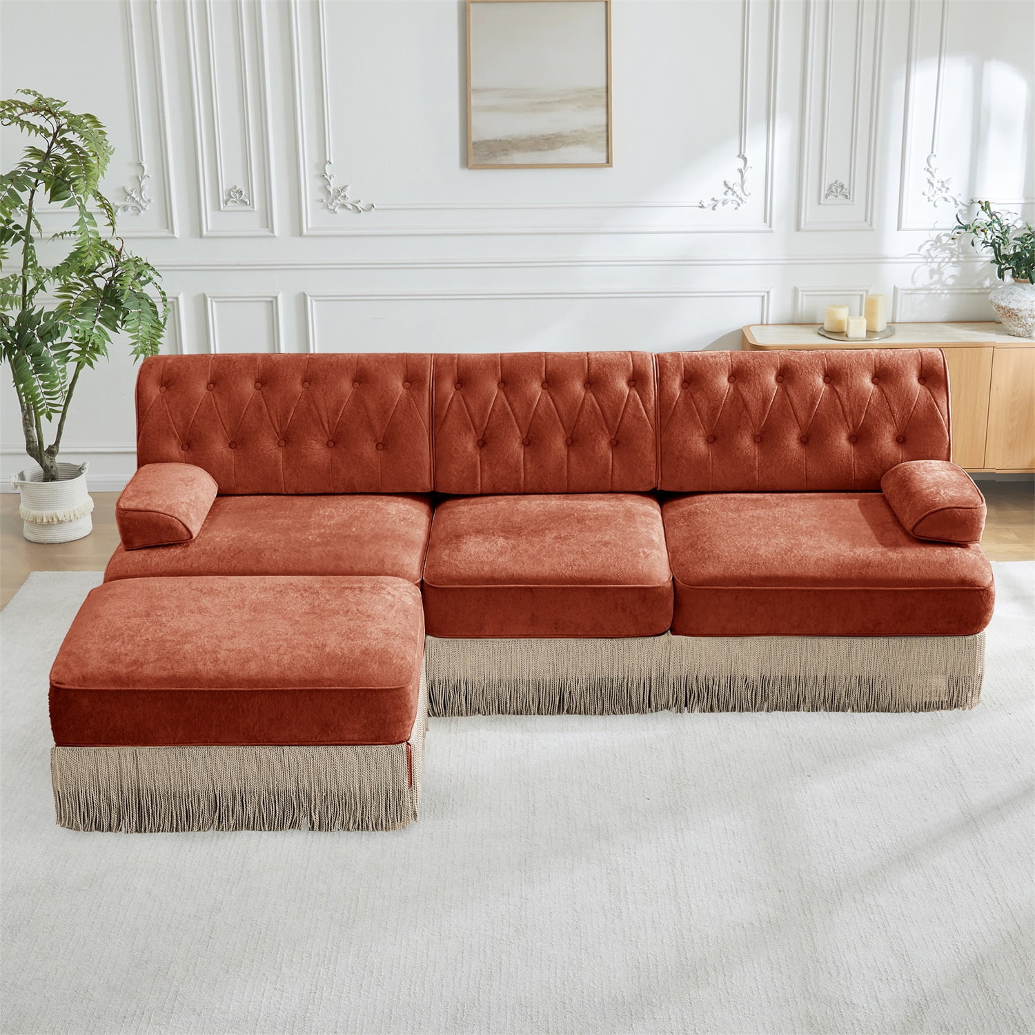 Hommoo 3-Seater Chesterfield Style Velvet Fabric L-Shaped Sectional Sofa, Tufted Button Upholstered Design and Floor-grazing Tassel, Free Combination Sofa Couch Set, for Home, Red Brown