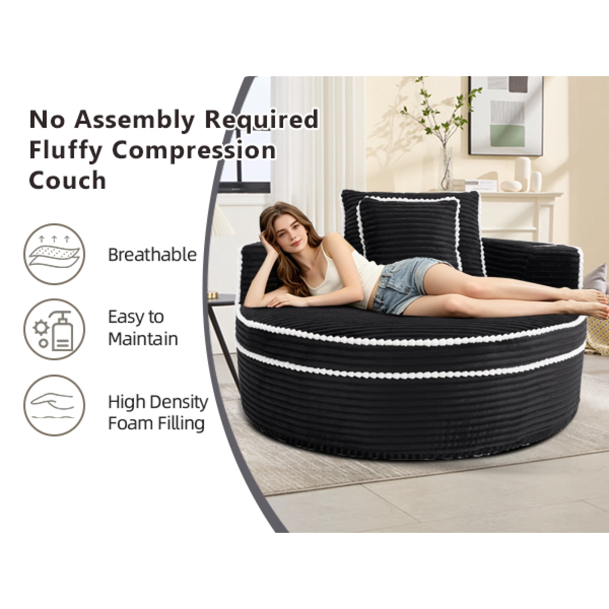 Leumius Oversized Round Chaise Lounge Chair Indoor, Upholstered Sofa Bed With Deep Seat and Cupholders,Cozy Boneless Chaise with High Density Memory Foam for Living Room,No Assembly,Black