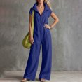 thumbnail image 6 of Women's Lightweight Stand Collar Zip Up Jumpsuits Short Sleeve Baggy Wide Leg Palazzo Rompers with Pockets Daily Casual Overalls Blue, 6 of 6