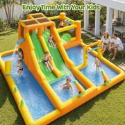 INFLATEFLY 13-in-1 Inflatable Water Slide Park for Backyard, Kids Heavy-Duty Bounce House with Double Slides, Splash Pool, Climbing Wall, 2 Water Cannons, Basketball Hoop