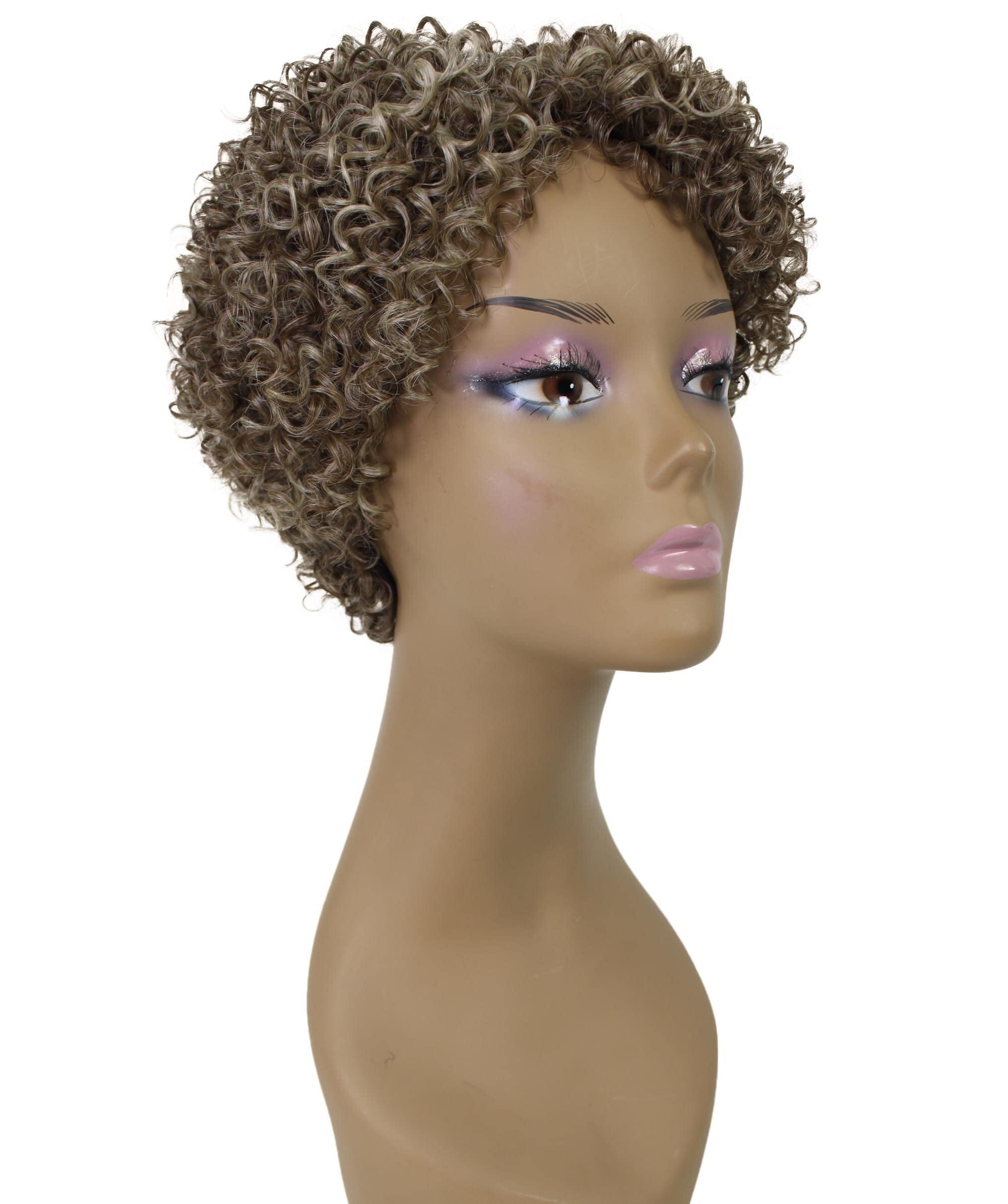 LUXLUXE Leila Curly Kinky 10 in Long Full Wig No Lace Wig, Heat Resistant Fibers, Brown and Blonde Highlights