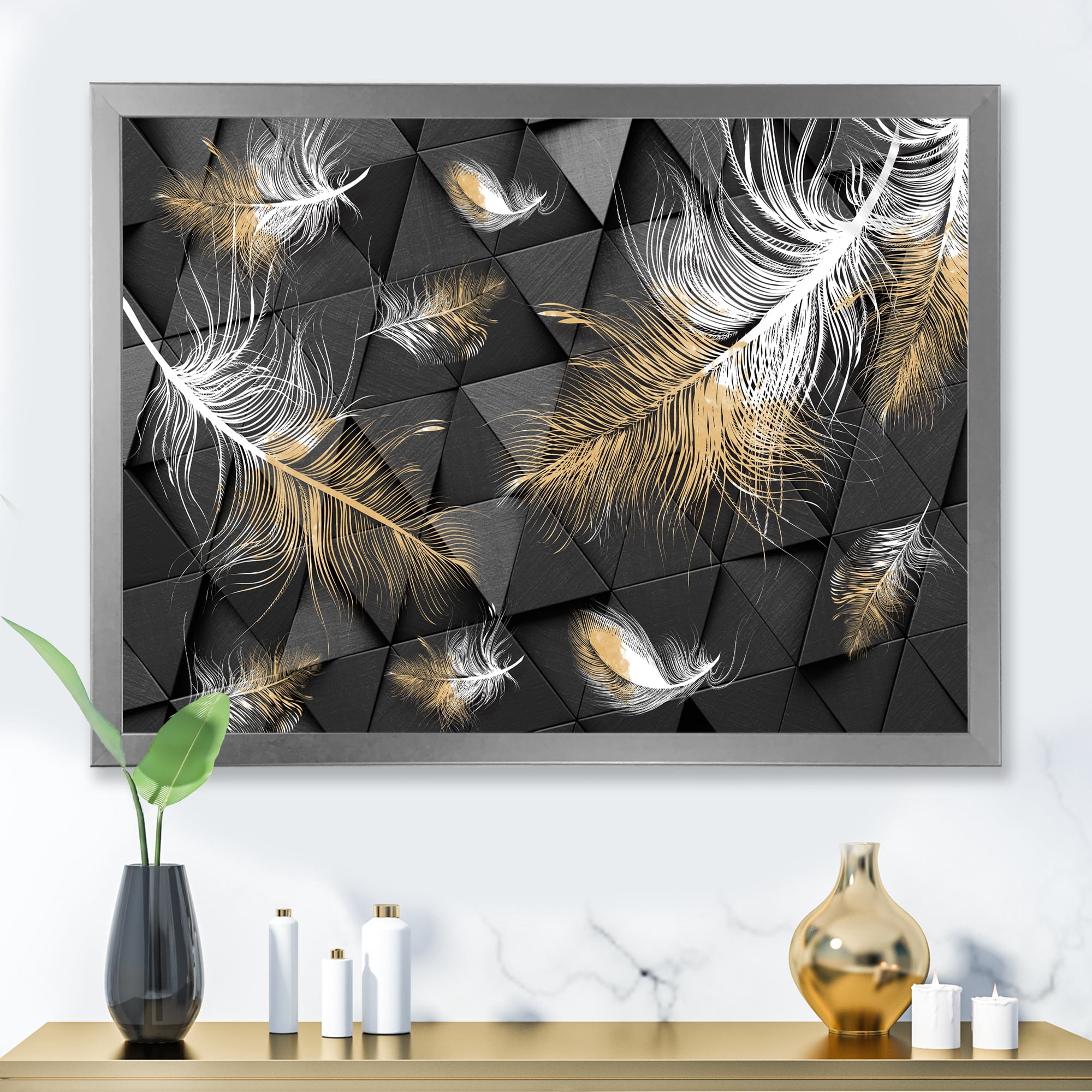 Designart 'Gold and White Feathers On Triangular' Modern Framed Art Print