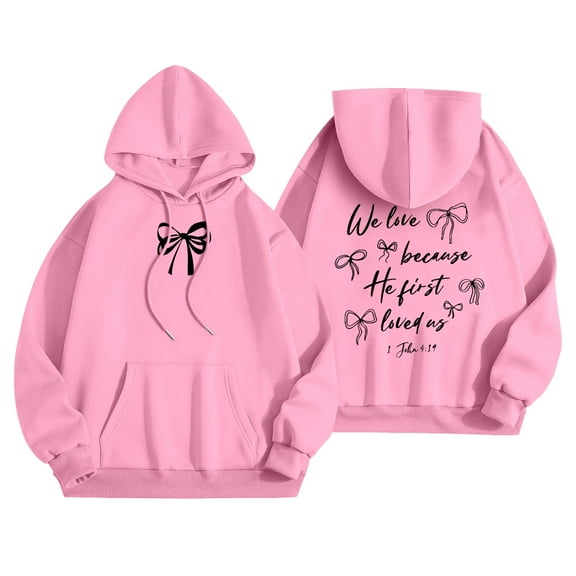 Wangmeiwg Women's Sweatshirts Women's Casual Autumn Winter Pullover Hoodie Featuring Elegant Bow Print For Stylish And Comfortable Everyday Wear Pink L