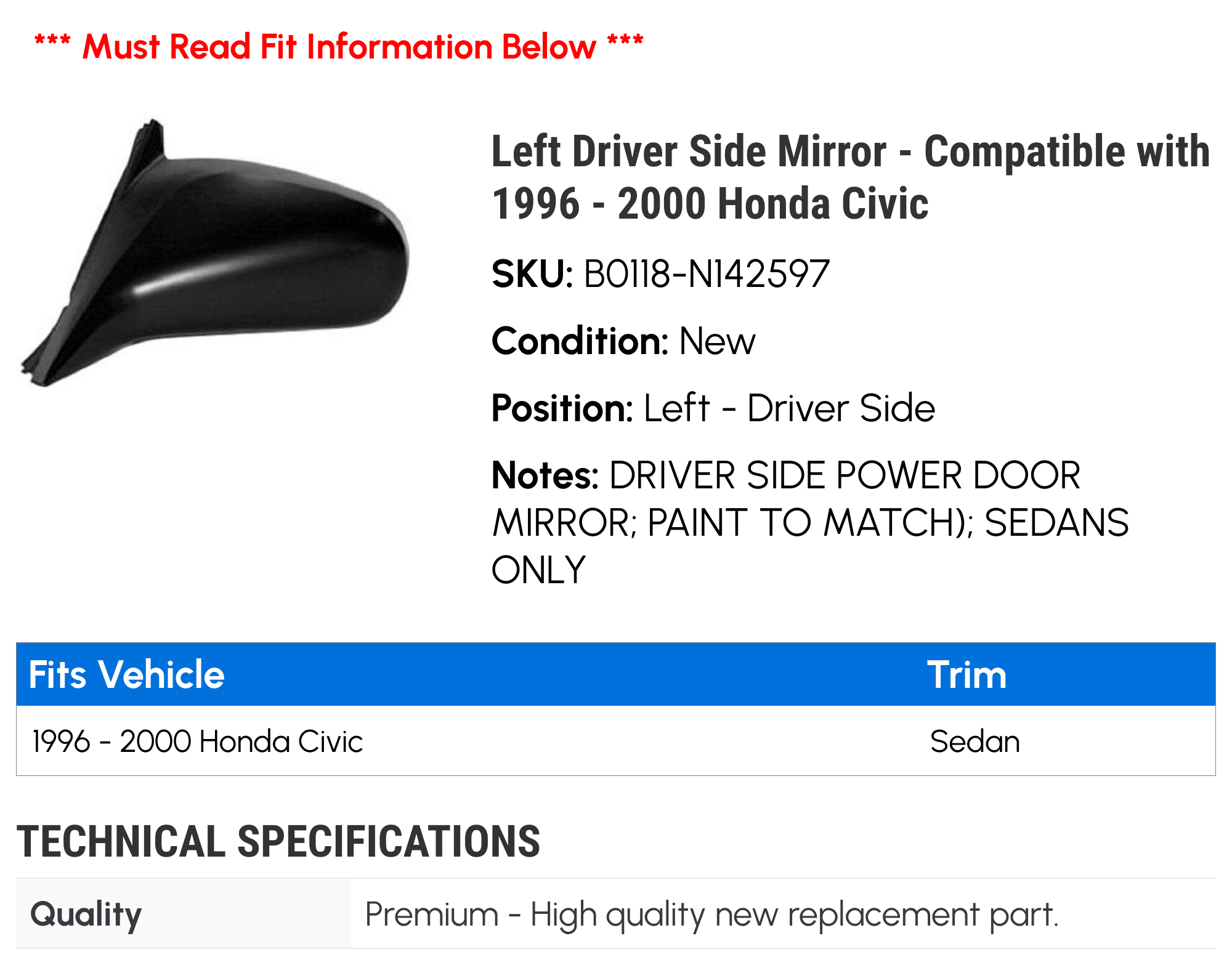 Left Driver Side Mirror - Compatible with 1996 - 2000 Honda Civic 1997 1998 1999