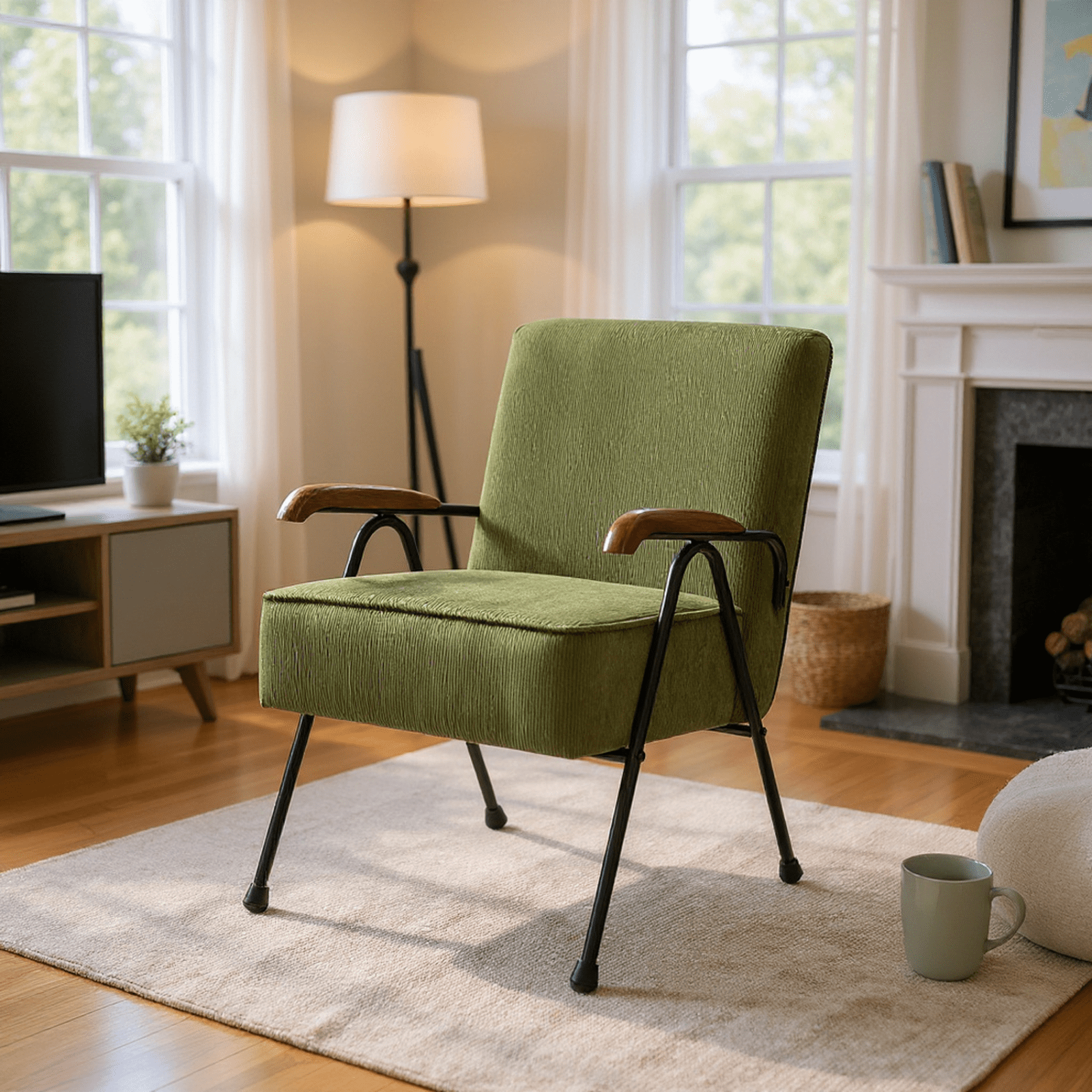 Homy Casa Accent Chair with Metal Legs and Upholstery, Living Room Reading Armchair, Olive Green