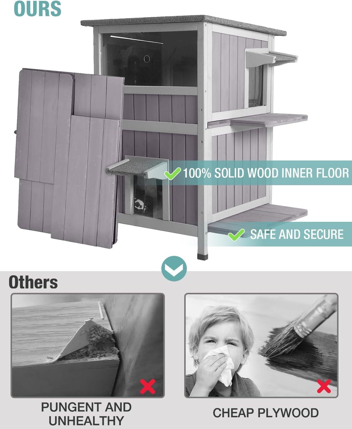 MEDEHOO Outdoor Cat House Weatherproof, Two-Story Wooden Cat Shelter with Escape Door, PVC Curtains, Removable Floor & Waterproof Roof, Raised Outside Cat House for Feral Cats