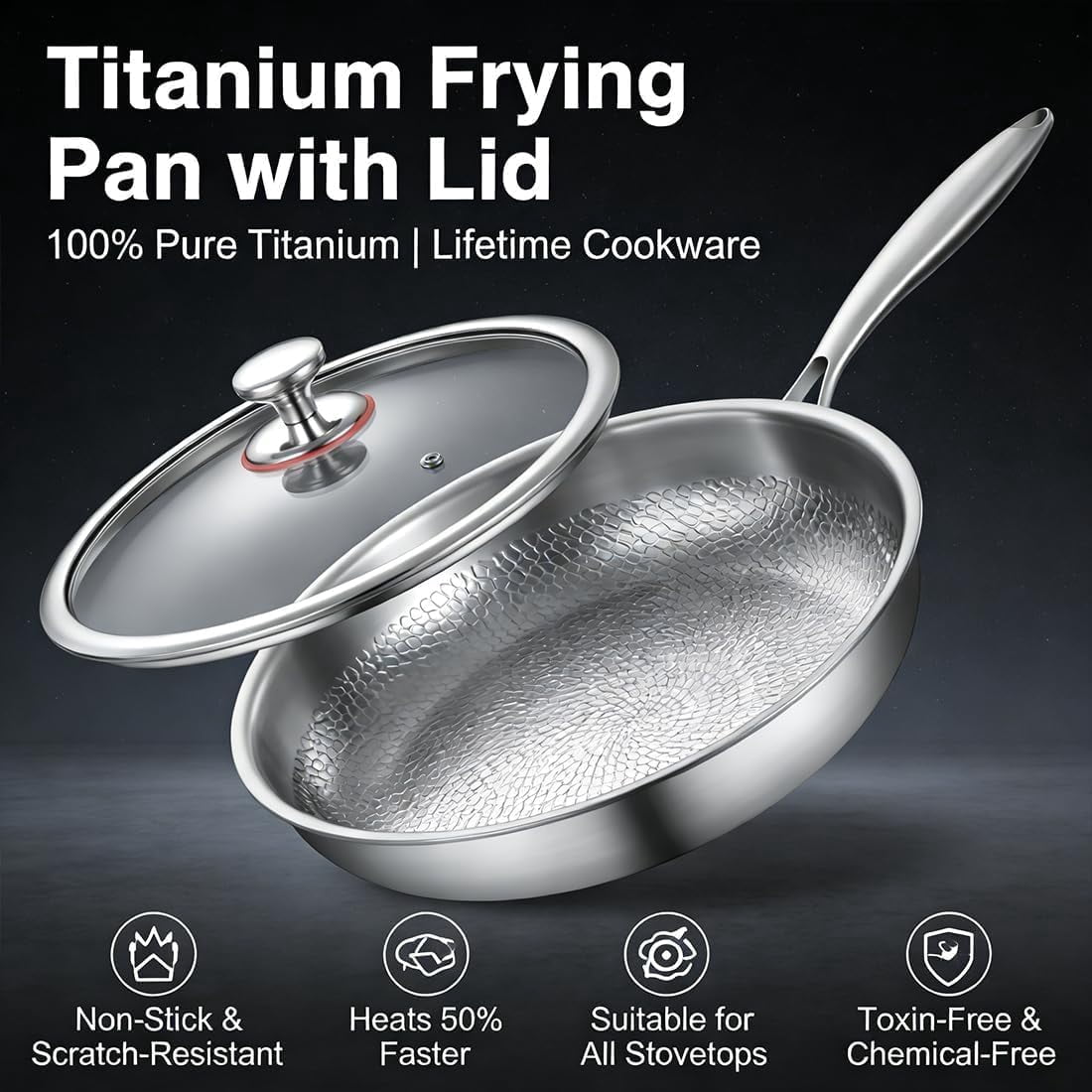 Titanium Pan, 12" 100% Pure Titanium Frying Pan with Lid, Hammered Non-Stick Skillet for All Stovetops, Professional Lightweight Cookware for Healthy Searing & Daily Cooking (11.8 in, With Lid)