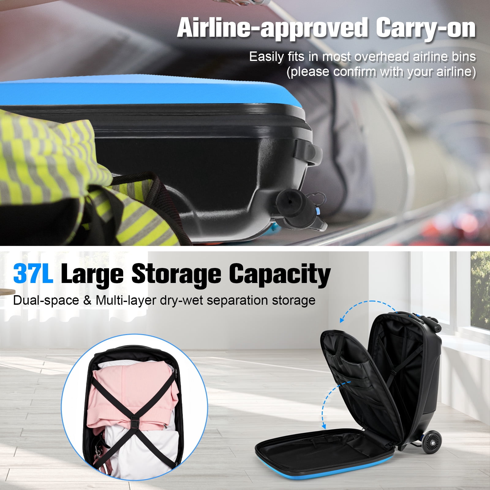 Advwin Scooter Luggage for Kids & Adults, Hardside Ride on Suitcase for Kids Ages 4-15 Multifunctional Lightweight Foldable Carry on Luggage with Wheels Ride on for Children Teenagers, Light Blue