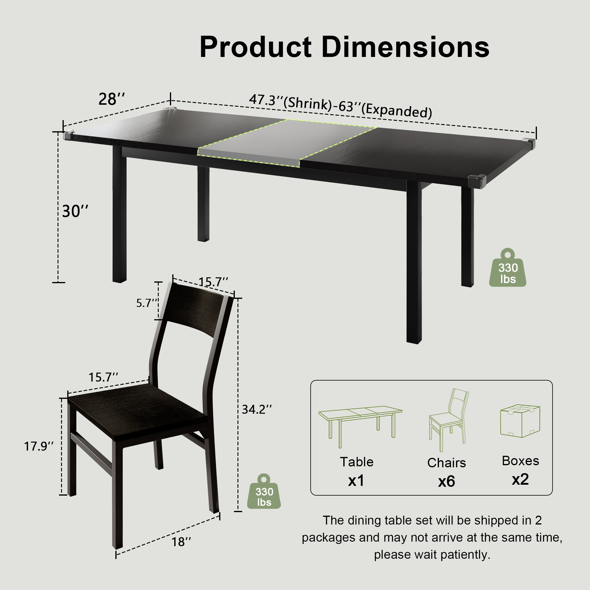 iPormis 63" Extendable Kitchen Table Set for 4-6 People, 7-Piece Large Dining Table Set With 6 Chairs,Mid-Century Modern Dining Room Table,Black