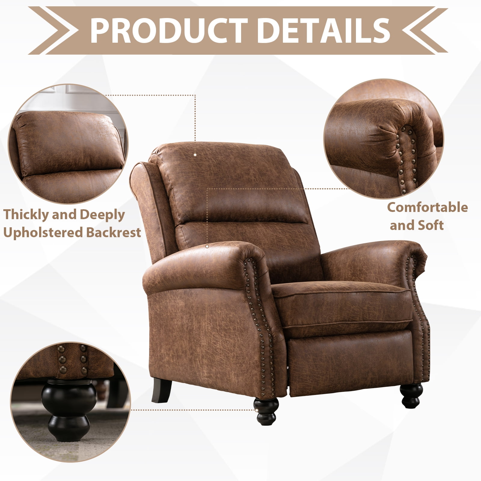 Ebello PU Leather Pushback Recliner Chair with Nailhead Trim - Vintage Style Push Back Lounge Chair for Bedroom & Living Room 350lbs Capacity, Brown