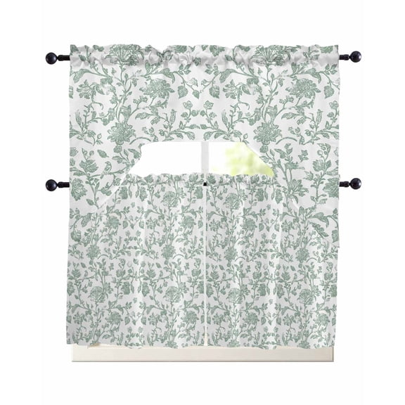 Vintage Sage Green Floral Toile Swag and Tier Curtains Set Kitchen Valances with Tier Curtains 36 Inches Long, Light Filtering Curtains Botanical Vine for Sink Laundry Bathroom