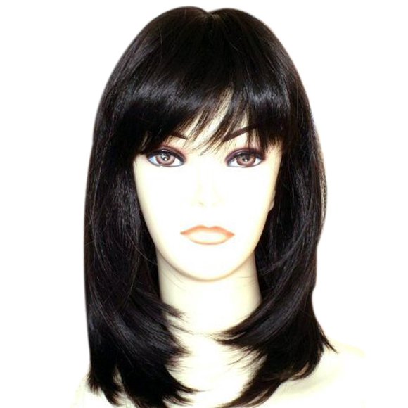 Pelucas Kalyss negras con flequillo de pelo, pelucas de pelo sintético en capas rectas de largo medio para mujeres