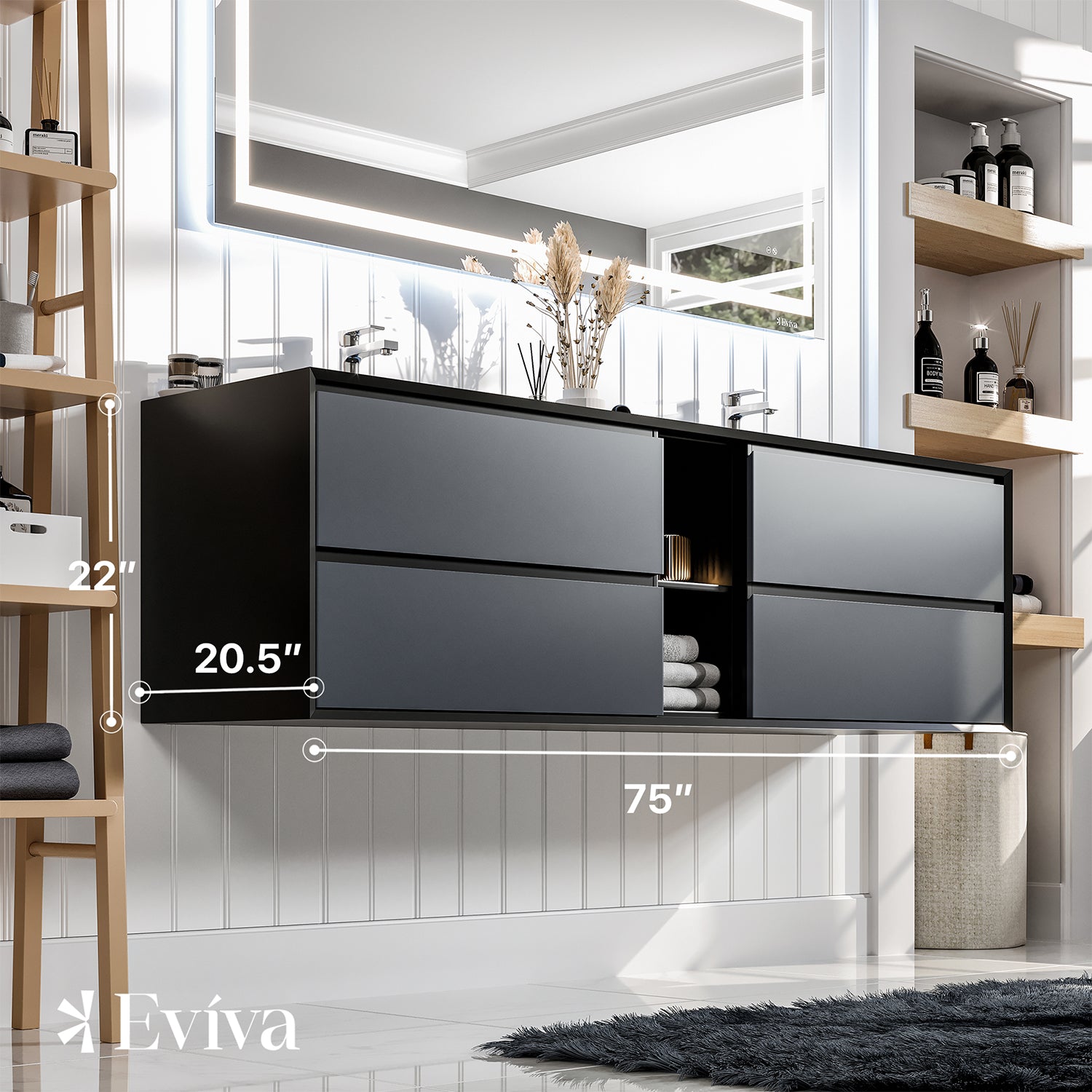 Eviva Vienna 75 inch Gray Black Wall Mount Bathroom Vanity with White Integrated Acrylic Sinks