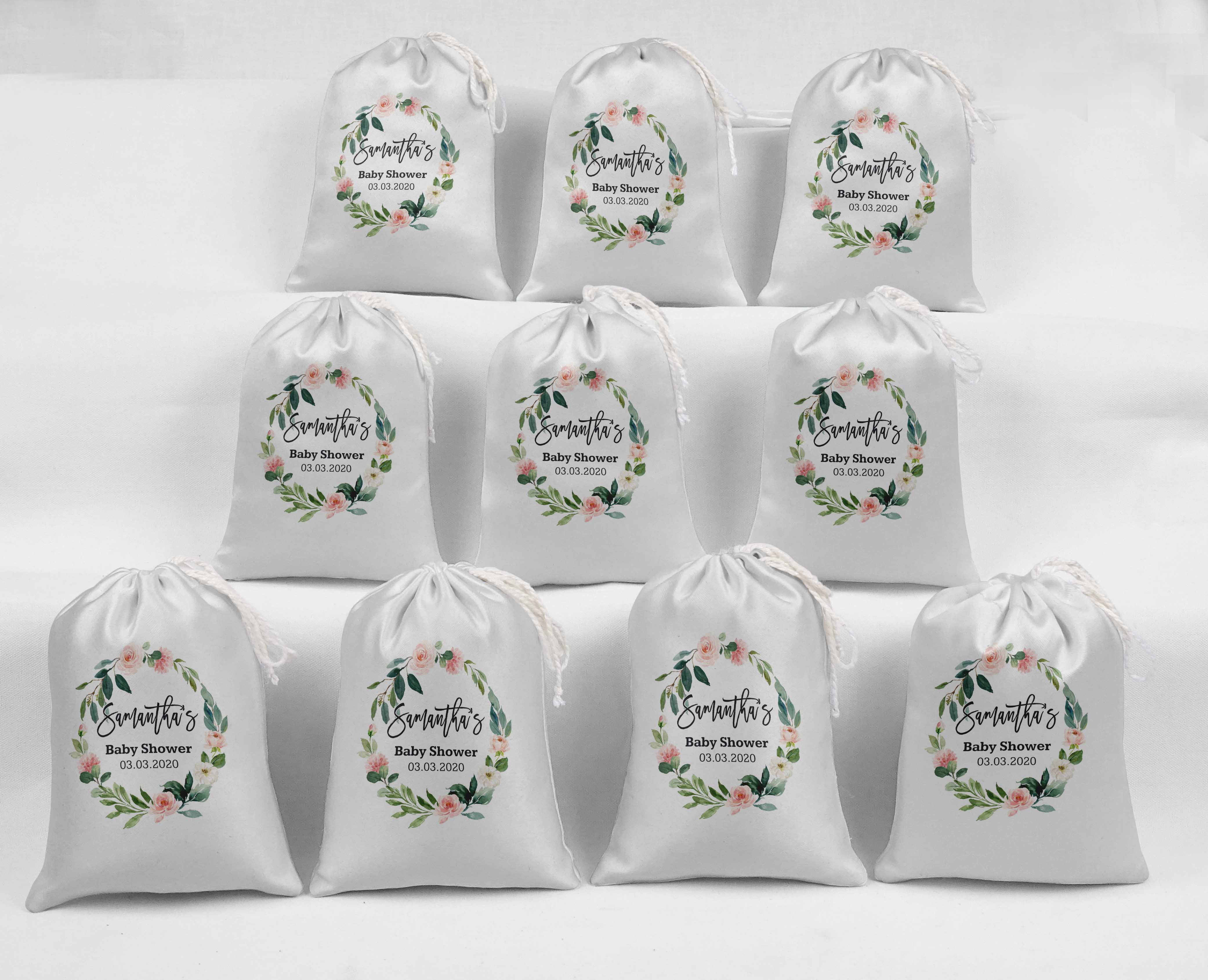 Darling Souvenir White Floral Wreath Baby Shower Custom Party SuppliesÂ&nbsp;Drawstring PouchesÂ&nbsp;Favor Bags 15 Pieces