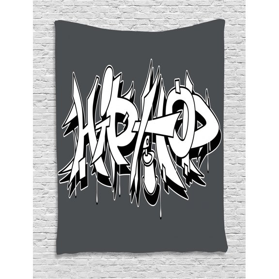 Hip Hop Tapestry, Hip Hop Urban Grafitti and Spray as Rebel Teen Style Illustration Print, Wall Hanging for Bedroom Living Room Dorm Decor, 40W X 60L Inches, Black White and Grey, by Ambesonne