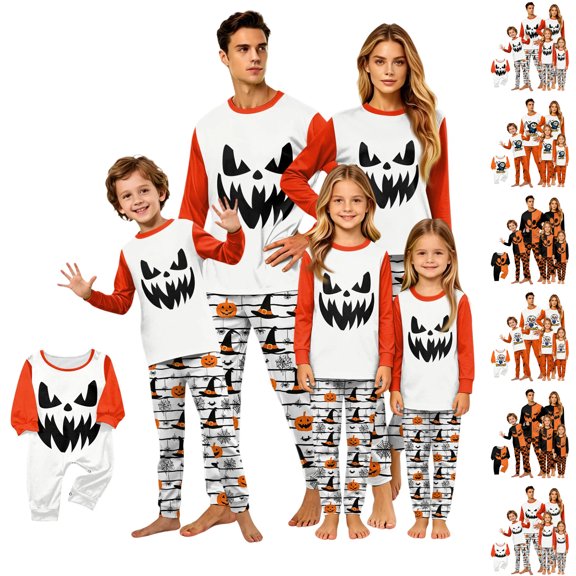 Halloween Family Pajamas Matching Sets Party Pjs Family Jammies Long Sleeve Funny Novelty Halloween Pumpkin Face 2 Piece Sets Casual Trendy Family Holiday Loungewear