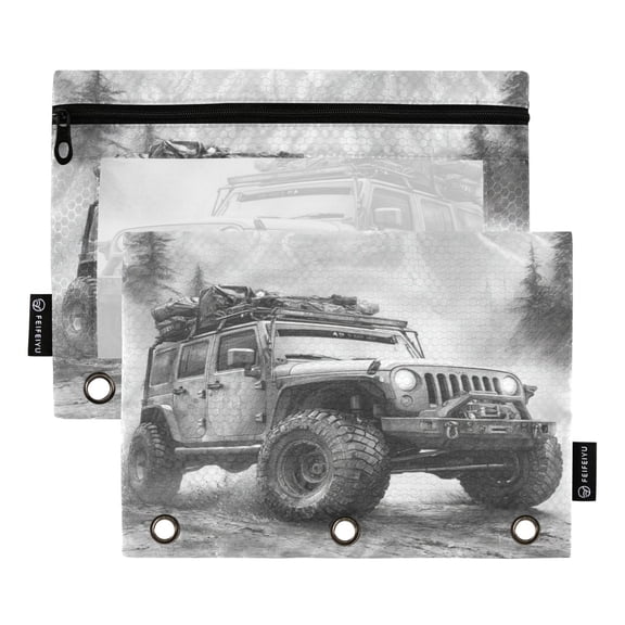 2 Pack 3 Ring Binder Pouch with Clear PVC Window Water Resistant Zipper Pencil Pouch Rugged Mountain Off-roader Binder Pocket for Classroom Office Home Stationery Organization