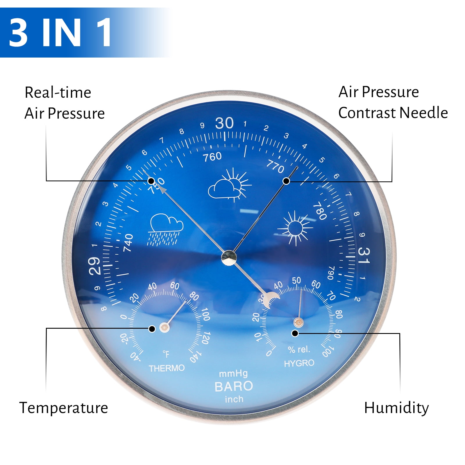3-in-1 All-Season Wall Hanging Thermometer, Barometer, Hygrometer | Accurate Weather Station for Home and Office | Fahrenheit Edition in/Outdoor
