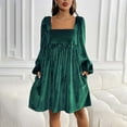 thumbnail image 4 of Women's Tie Back Square Neck Velvet B`abydoll Dresses Puff Long Sleeve Short Mini Dress, 4 of 8