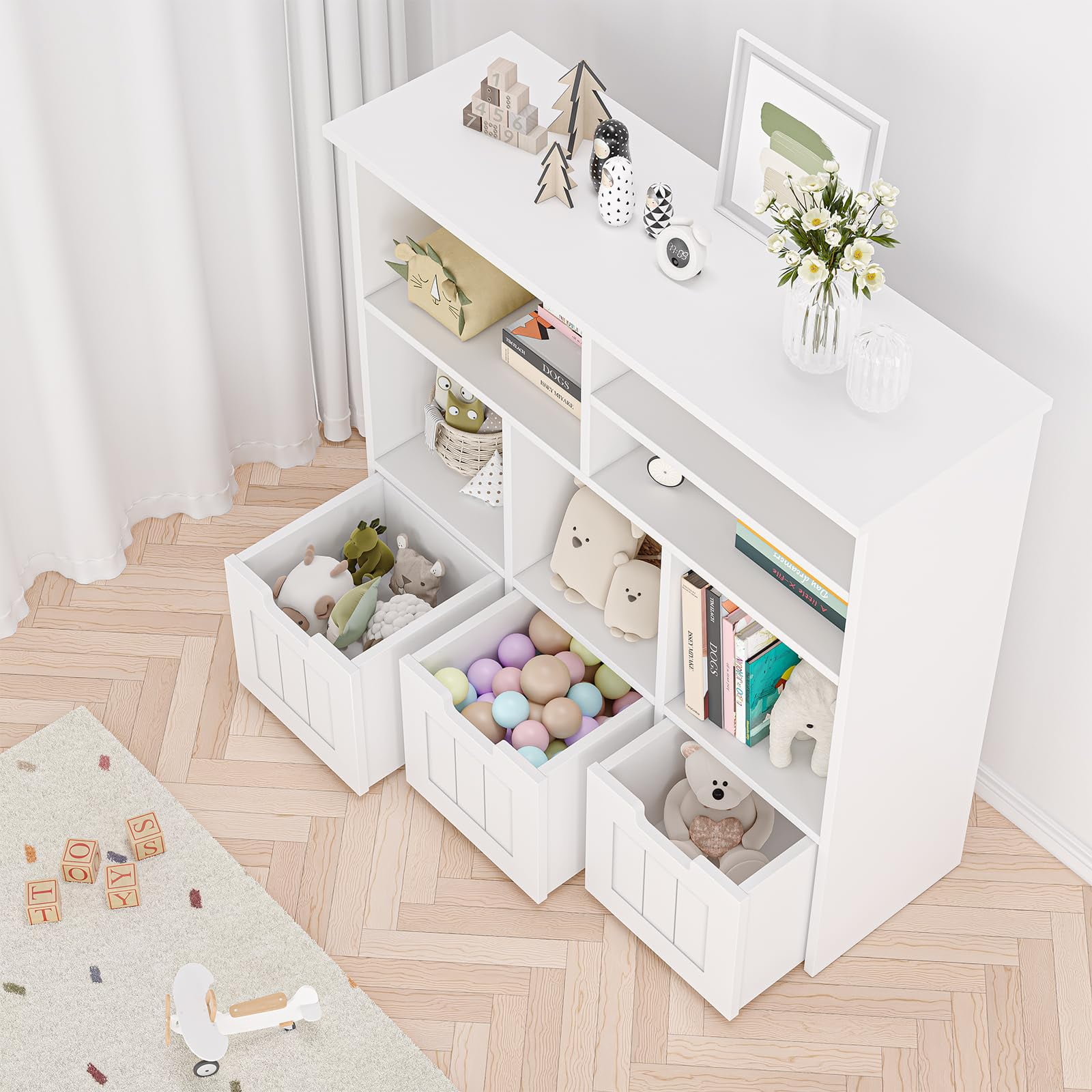 Juiluna Toy Storage Cabinet with 3 Movable Drawers & 6 Cubes, Children's Toy Shelf Kids Bookshelf with Hidden Wheels, Kids Bookcase Toy Storage Organizer for Bedroom & Playroom & Nursery