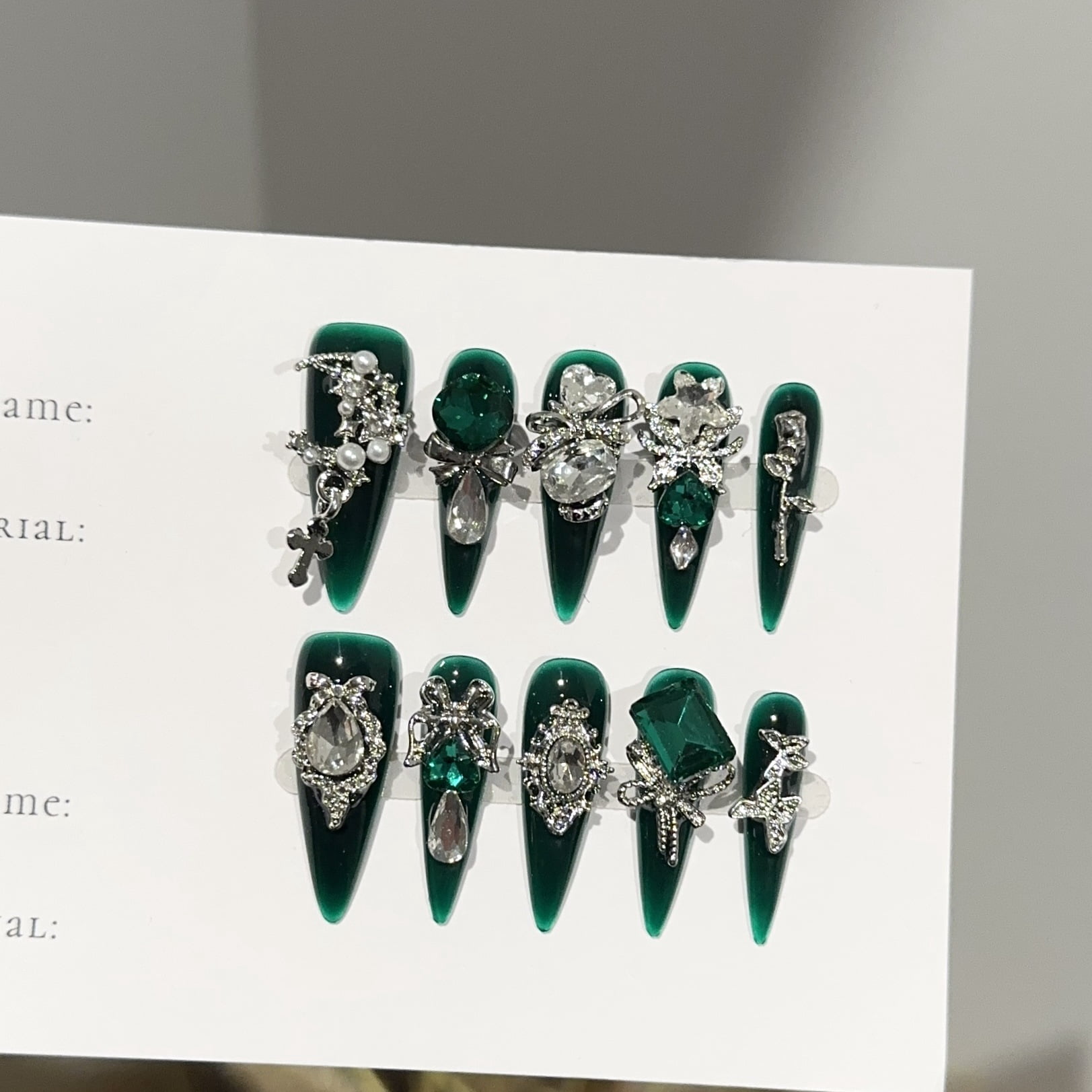 Purely handmade wearing nail advanced sense dark green long pointed nail art piece temperament European and American heavy industry fake nail patch wholesale