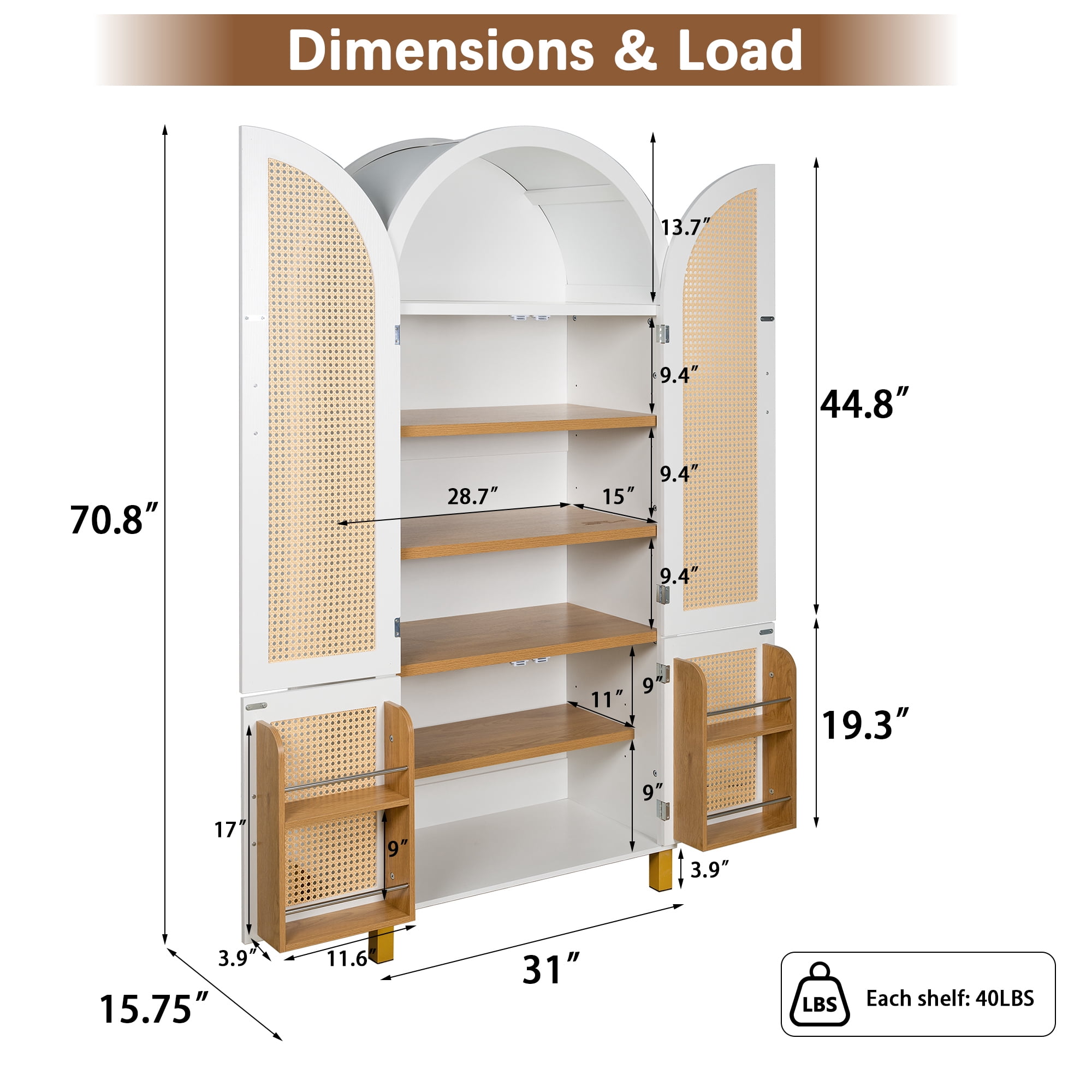 Leumius 71" Tall Arched Cabinet with Rattan Doors and Adjustable Shelves,4 Doors Modern Farmhouse Storage Cabinet with Built-in Racks for Kitchen Dining Room Study White