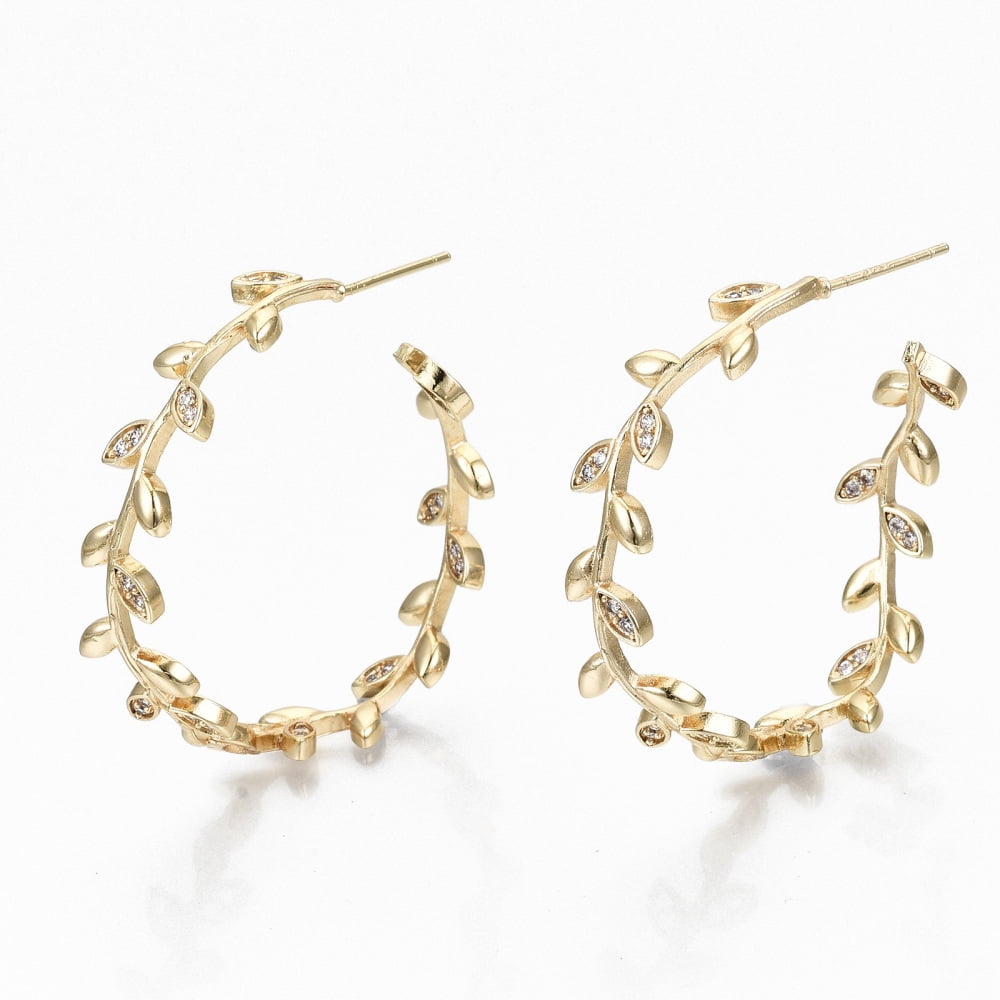 Brass Micro Pave Clear Cubic Zirconia Half Hoop Earrings Stud Earring Leaf Nickel Free Real 18K golden Plated 37x37x7mm Pin: 0.7mm
