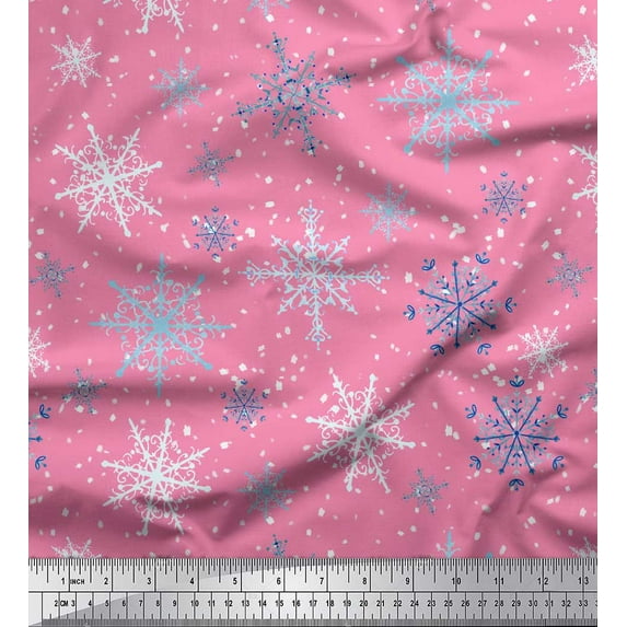 Soimoi Pink polyester Crepe Fabric Snow Flakes & Star Fabric Prints By Yard 42 Inch Wide
