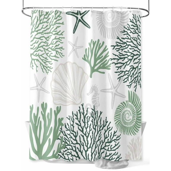 Shower Curtain, Sage Green Coral Starfish Seashell Ocean Beach Washable Shower Curtain with Hooks Bath Decor Fabric Shower Curtains for Bathroom, Hotel, Stalls, Bathtubs, 54x78 Inch