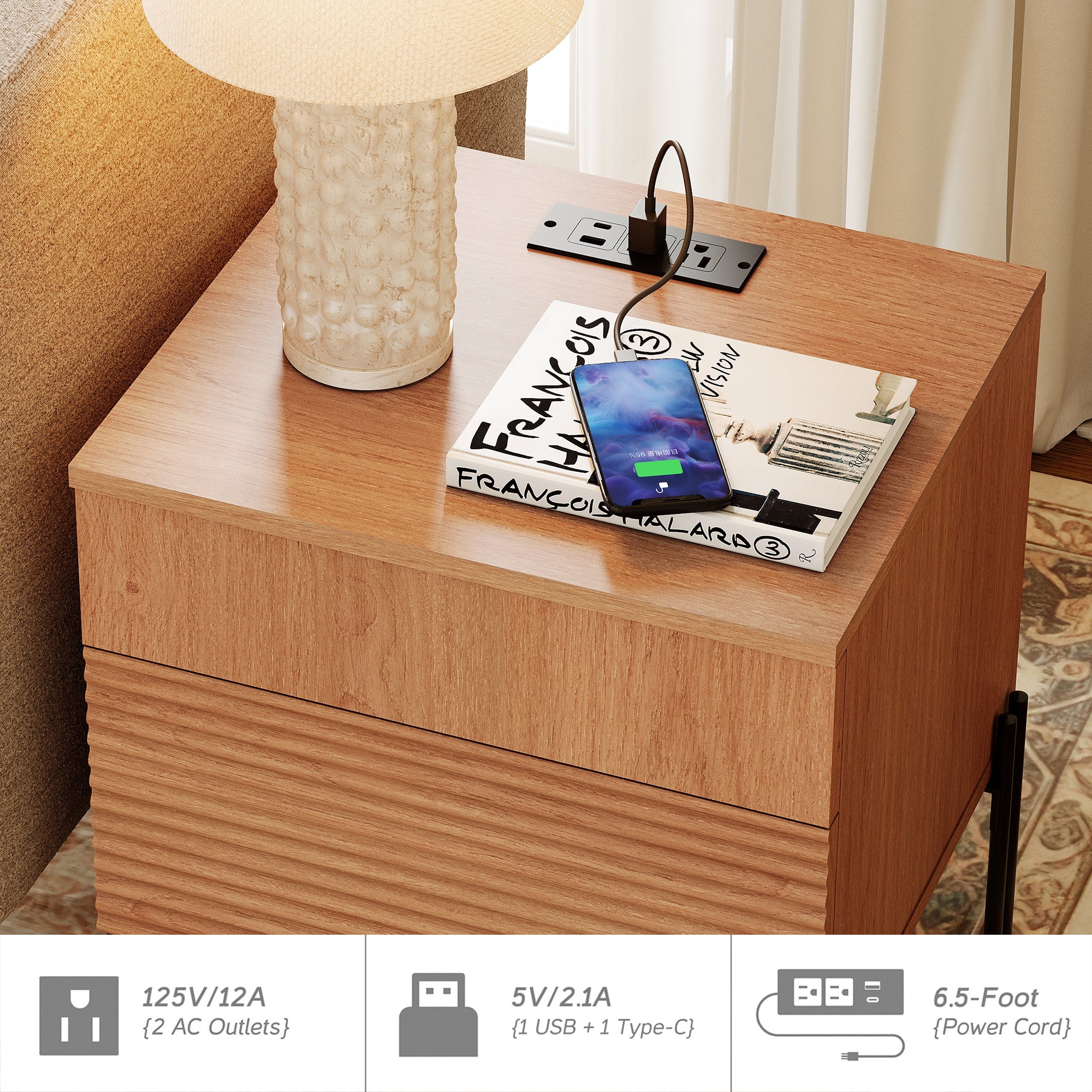 Modern Minimalist Nightstand With 2 Drawers,Reeded Wood End Table With Built-In Charging Station For Bedroom, Living Room,Entryway