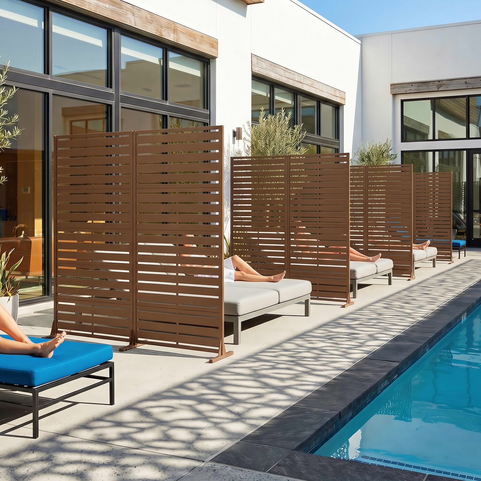 MAYEERTY 2-Piece 72"x35" Freestanding Privacy Fence, 6-Panel Brown Galvanized Steel Screen, Wide-1 Narrow-2 Slats for Outdoor Yard