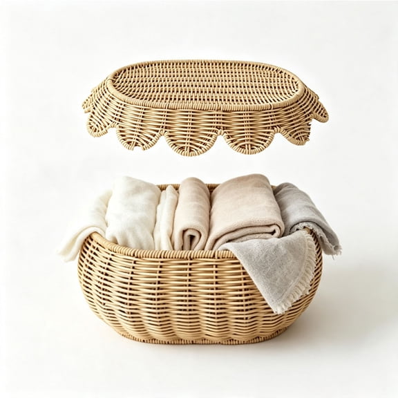 Yaayu Imitation Rattan Woven Storage Basket with Lid, Covered Organizer for Snacks Toys Clothing, Storage Bin for Home, Large