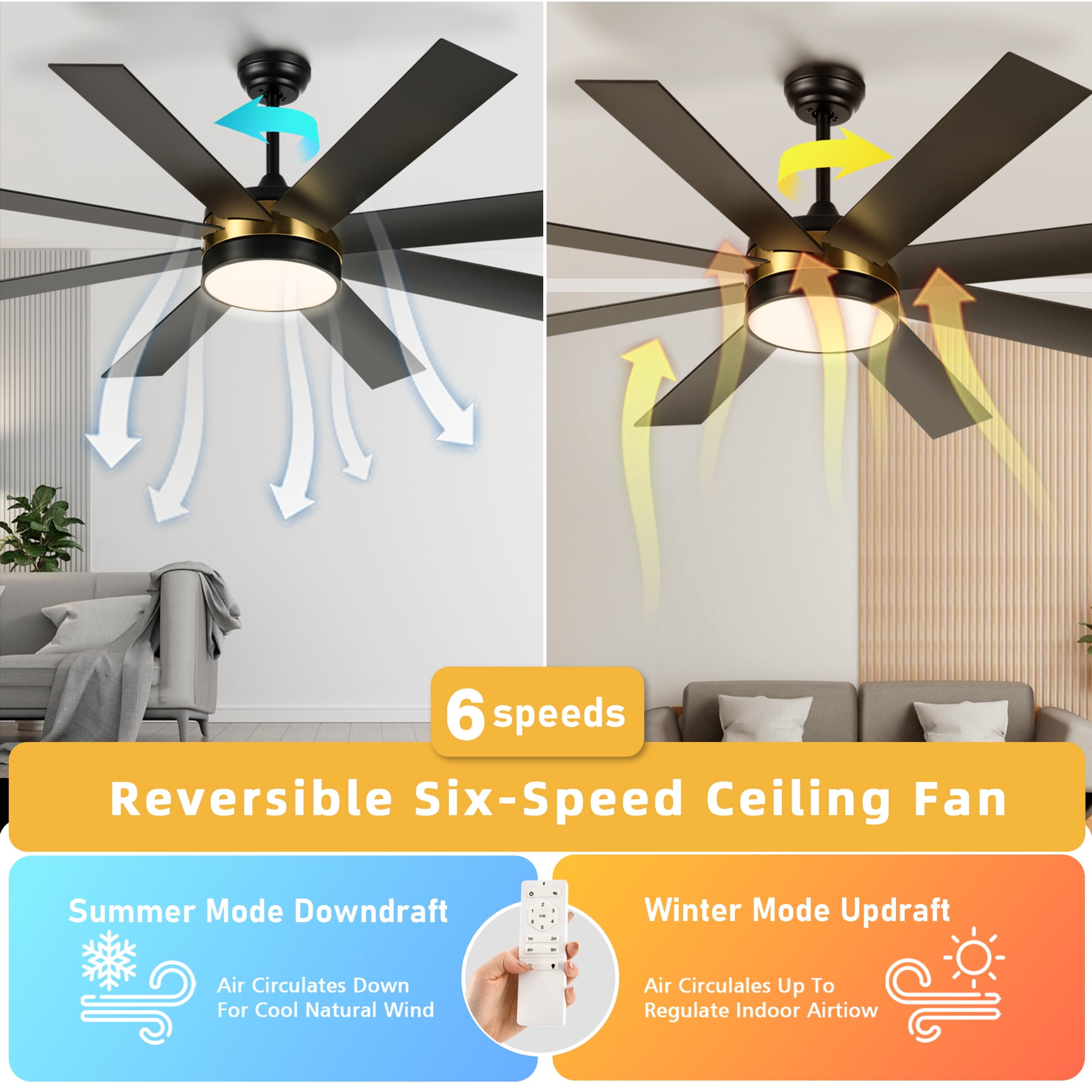 DWVO 60in Black Ceiling Fan with Light and Remote, Modern Fan Light With 8 Blades,6 Speeds - Black & Gold