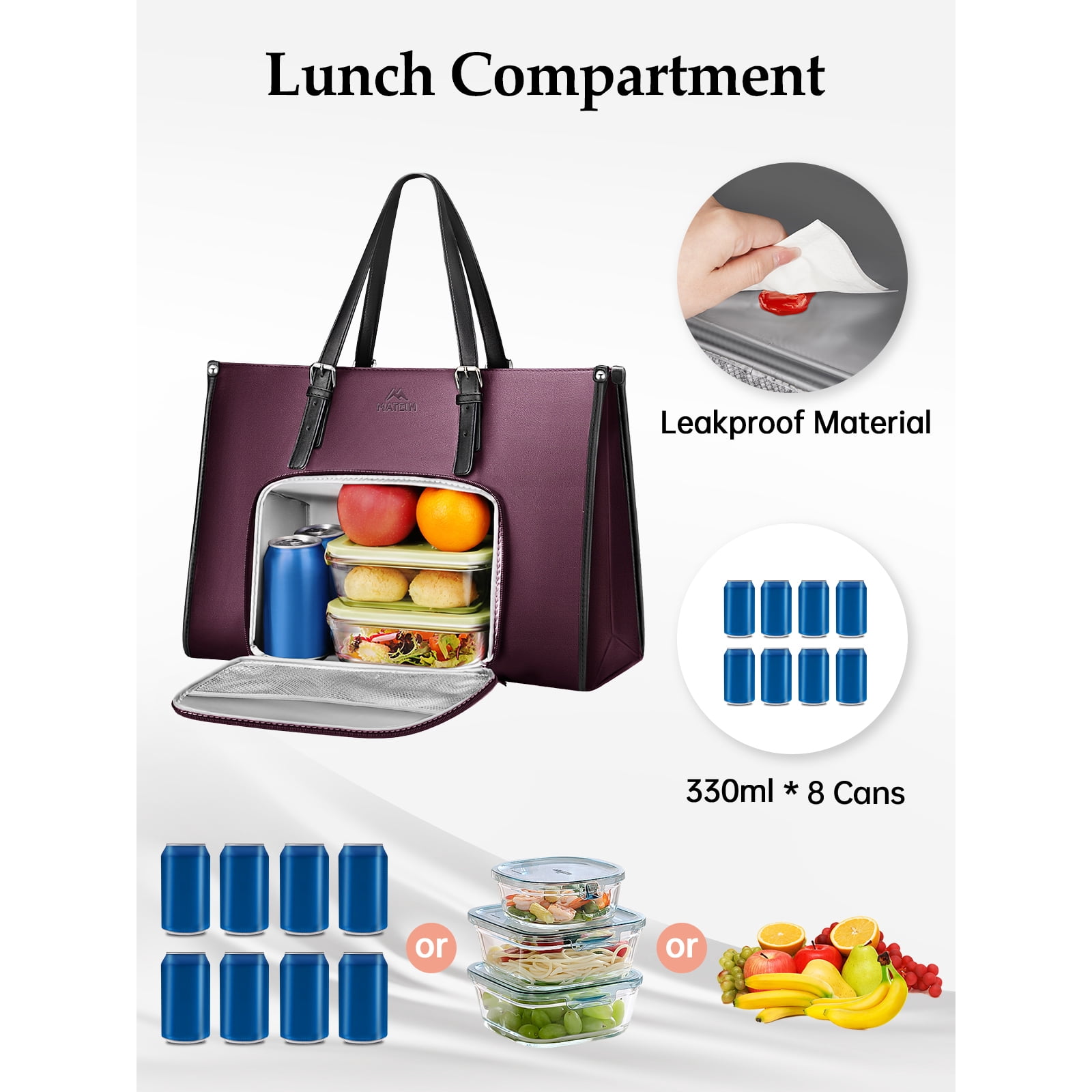 Matein Laptop Tote Bag for Women Men, 15.6 inch Waterproof PU Leather Work Shoulder Bag with Insulated Lunch Compartment, Dark Purple