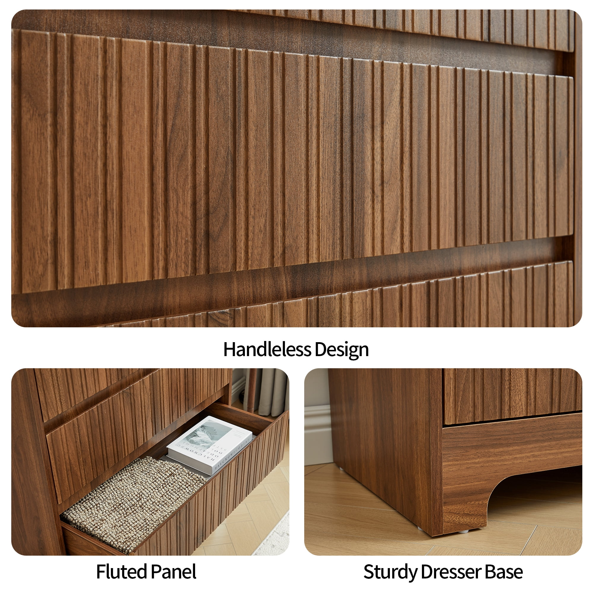 LEFHDA Fluted 5 Drawers Dresser for Bedroom, Mid Century Modern Storage Dressers, 45.3" Tall Wood Fluted Dressers Organizer for Bedroom, Living Room, Walnut Set of 2