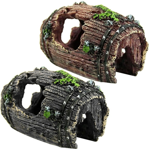 Meidiya 2Pcs Betta Log Resin Hollow Tree Barrel Ornament,Betta Fish Accessories,Aquarium Decorations Wood House for Small Medium Fish Tank Decor