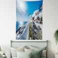 thumbnail image 4 of Summer Tapestry, Ancient Oia Village in Santorini Island Greece with Aegean Sea Scenery Image, Wall Hanging for Bedroom Living Room Dorm Decor, 40W X 60L Inches, Blue and White, by Ambesonne, 4 of 5