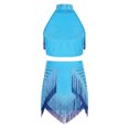 thumbnail image 6 of TiaoBug Kids Girls Latin Dance Outfits Fringe Tassels Halter Backless Crop Top with Mini Skirts Dancewear Light Blue 14, 6 of 7