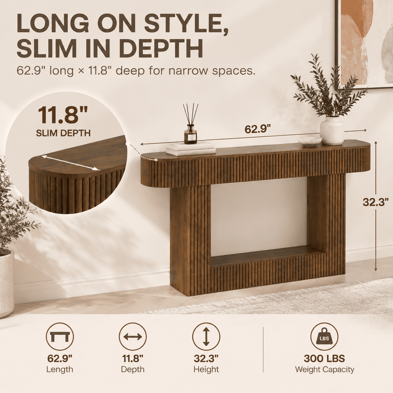 PORKISS 62.9" Console Table with Open Storage, Narrow Long Entryway Table with Rounded Edges, Fluted Sofa Table for Living Room, Hallway, Foyer, Behind Couch, Brown B