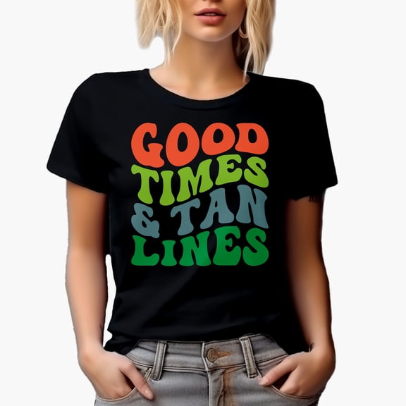 Good Times & Tan Lines, Summer, Ocean, Sea or Beach Themed, Groovy Retro Wavy Text Merch Gift, Black T-Shirt, Small