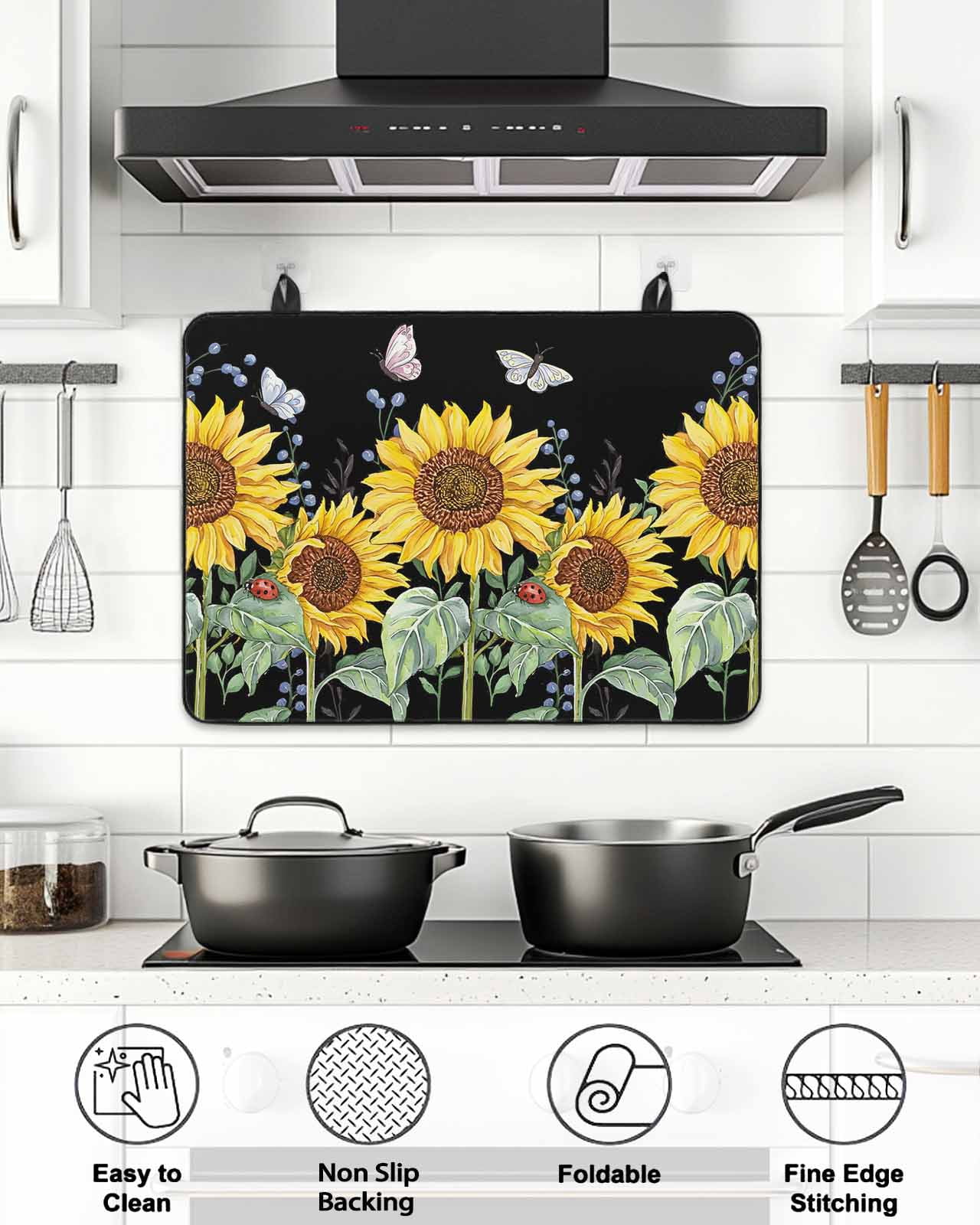 Stove Top Covers for Electric Stove, Sunflowers Glass Stovetop Cover Protector, Botanical Watercolor Butterfly Plant Induction Cooktop Protector Oven Mat for Kitchen Countertop 24"x21"