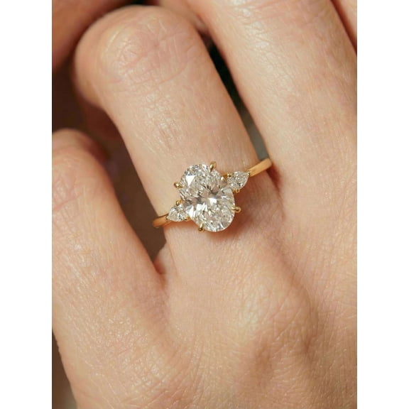 vylahjewellery Women’s Moissanite Engagement Ring Three Stone Vermeil Yellow Gold Wedding Ring Dainty Minimalist Jewelry,Oval Shape Proposal Promise Day Ring